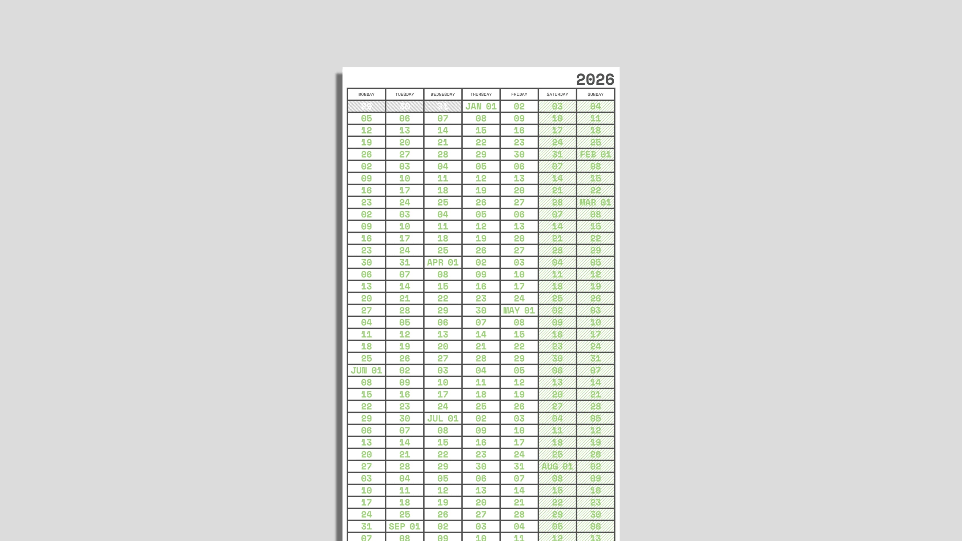 Annual Week View Calendar